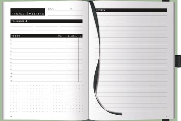 Projekt-Meeting-Planer Mint: Notizbuch A5, Ausfüllbuch mit Farbschnittkante, Lesebändchen, Stiftehal