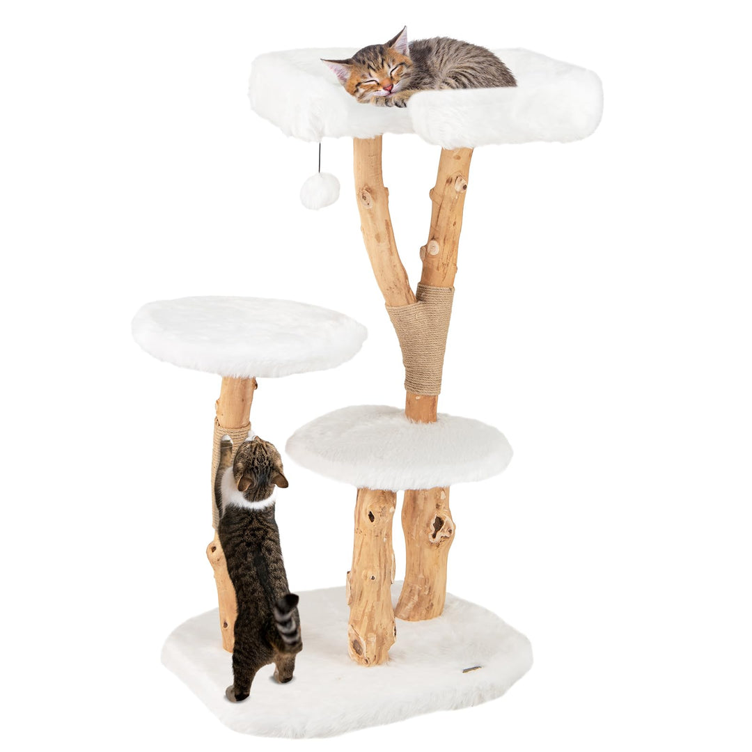 SOARS Kratzbaum Holz, Katzenbaum mit 3 natürlichen Birnbaumstämmen, Katzenbett & Plüschflächen, Katz