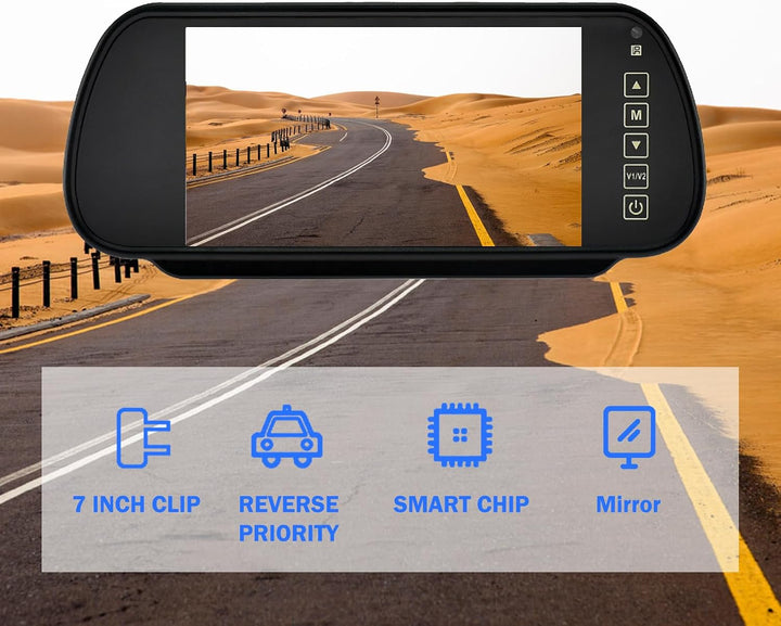 7 Zoll Rückfahrkamera Spiegel Monitor 12–24V – Clip-On Innenspiegel mit 7" 800x480 LCD TFT &amp; Parkhil