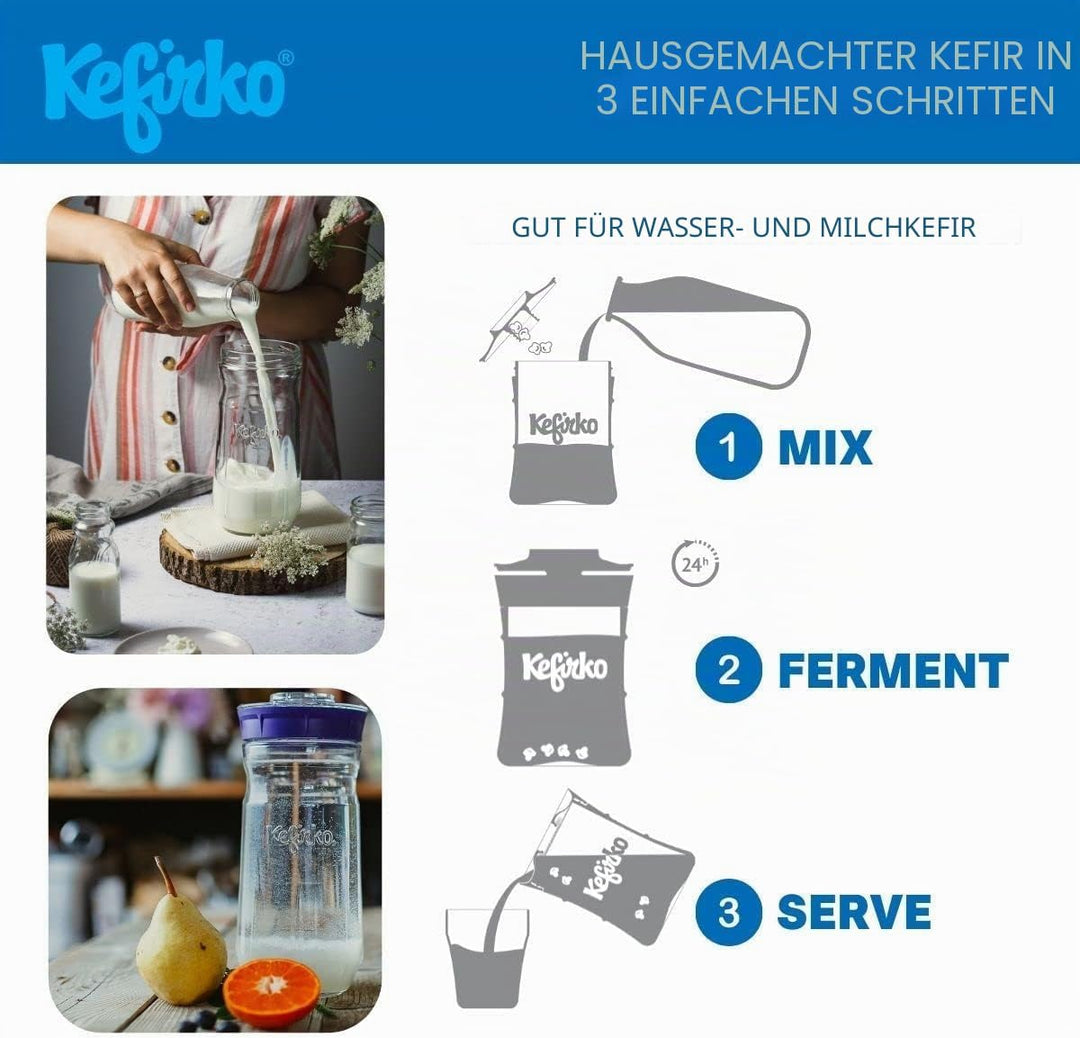 Kefirko Fermentations Set | Milch- und Wasserkefir selber herstellen | auch als Sprossenglas verwend