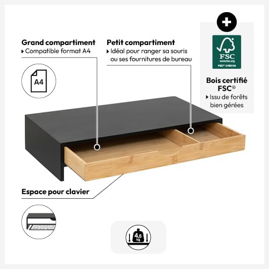 5five – Bava Monitorständer aus Bambus – Schwarz, 47 x 25 x 10 cm, mit Schublade – Organizer für Bür