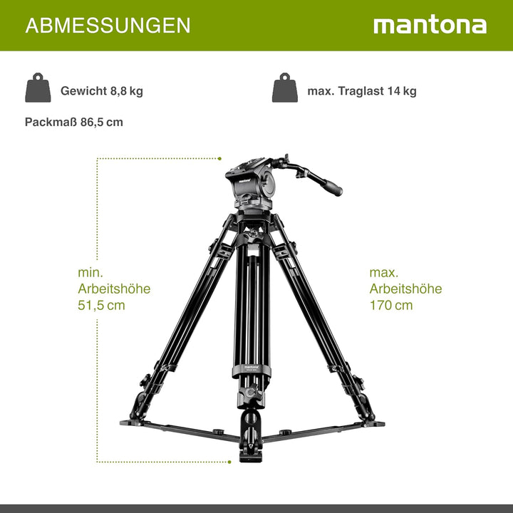 Mantona Dolomit 4000 Videostativ 170 cm (inkl. Fluid-Neiger, Counter Balance System, Wasserwaage, Bo