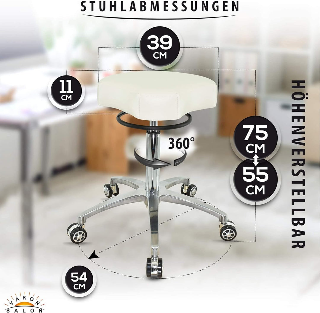 VAKON SALON - Design ergonomischer Rollhocker auf hochwertigen Rollen weiss - Höhenverstellbarer von