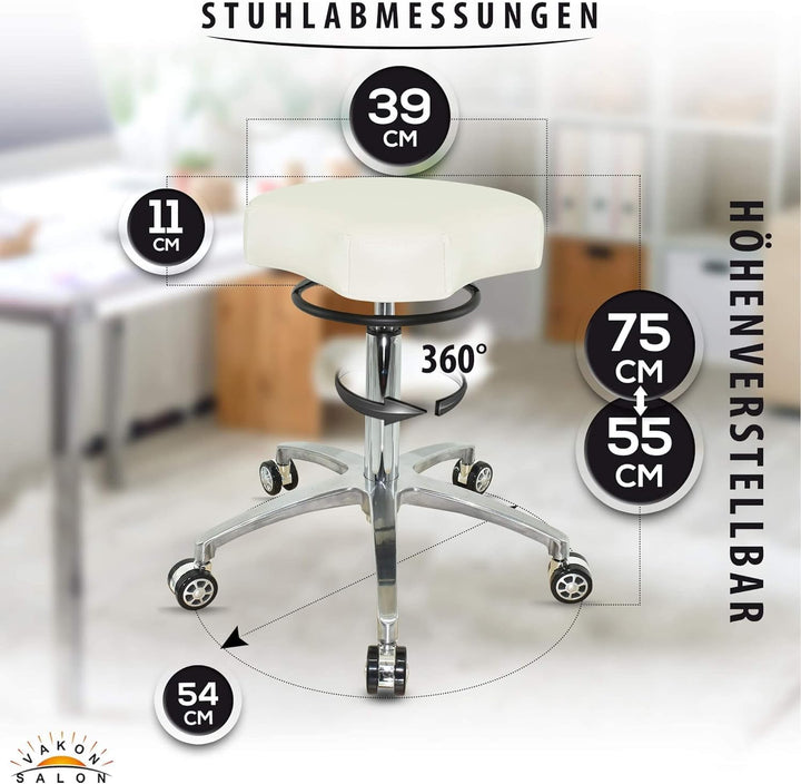 VAKON SALON - Design ergonomischer Rollhocker auf hochwertigen Rollen weiss - Höhenverstellbarer von