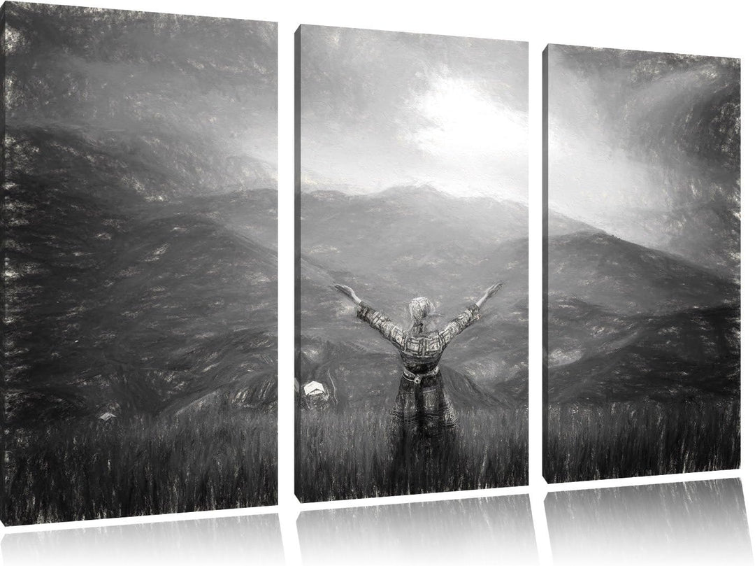 Pixxprint eine Berg Farm in Asien im Sonnenschein Kunst Kohle Effekt 3-Teiler Leinwandbild 120x80 Bi