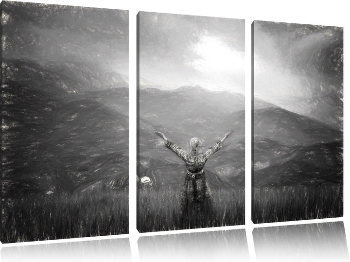 Pixxprint eine Berg Farm in Asien im Sonnenschein Kunst Kohle Effekt 3-Teiler Leinwandbild 120x80 Bi