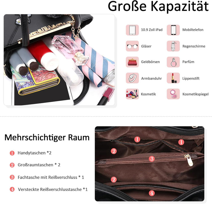 DORRISO Damen Handtasche Mode Stickdesign Schultertasche Grosse Kapazität Umhängetasche Casual Reise