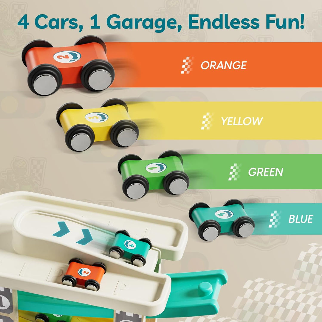 TOP BRIGHT Kugelbahn Autorennbahn aus Holz mit 4 Autos - Kinderspielzeug Geschenke für Kinder, Baby