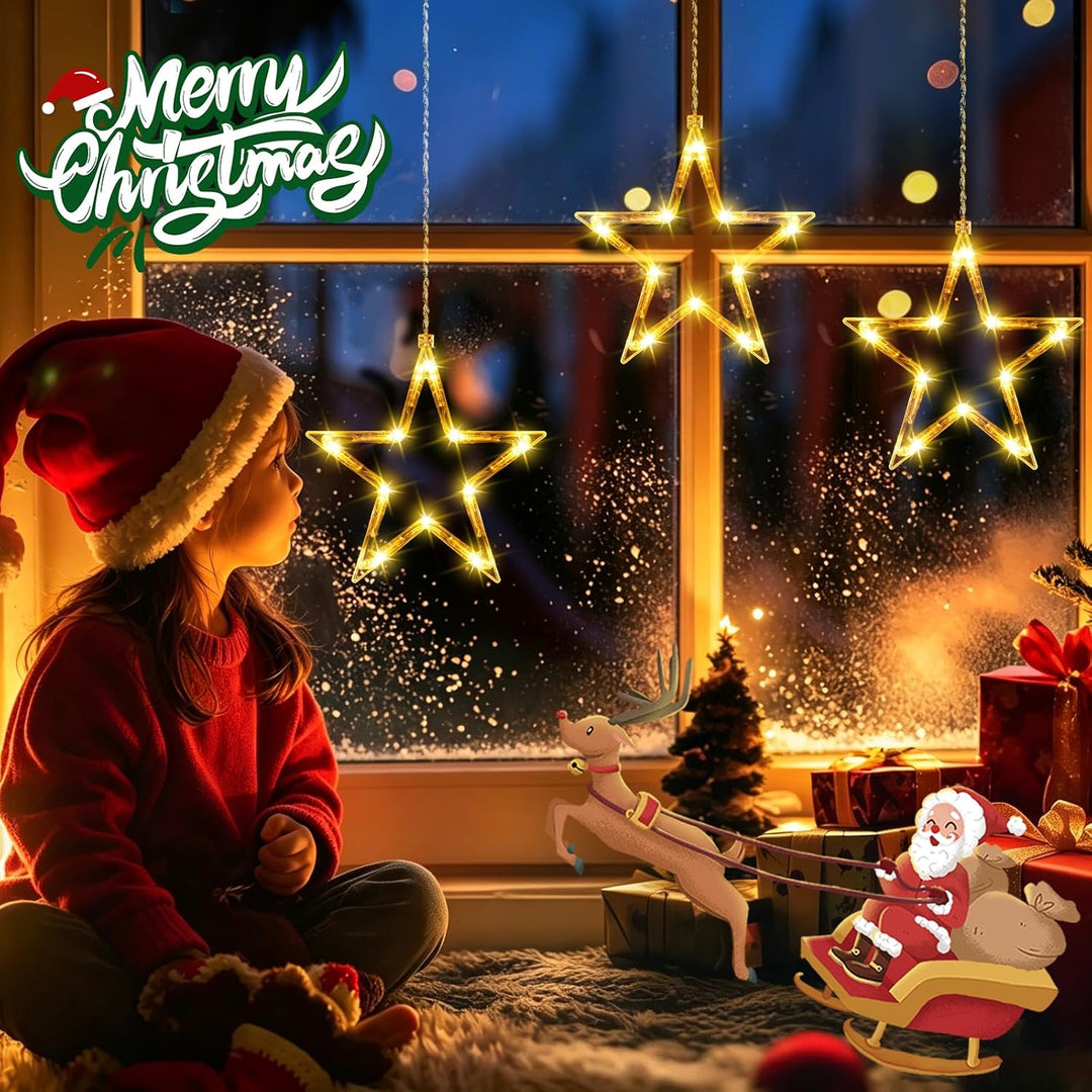 Ulinek Fensterdeko 3 Sterne mit Batteriebetrieb 30 LEDs [1M+0.6M] Sterne Weihnachtsdeko Fenster mit