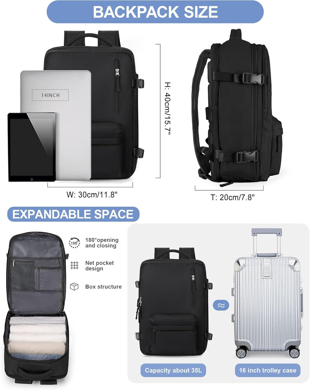 Vakuum Rucksack Handgepäck Rucksack 40x30x20 für Ryanair Reiserucksack Wasserdichter Unter Dem Sitz