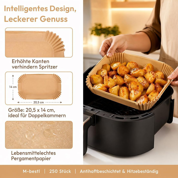 250 Stück Einweg-Backpapier für Heissluftfritteusen mit zwei Körben, 6-10 qt, zum Frittieren und Bac