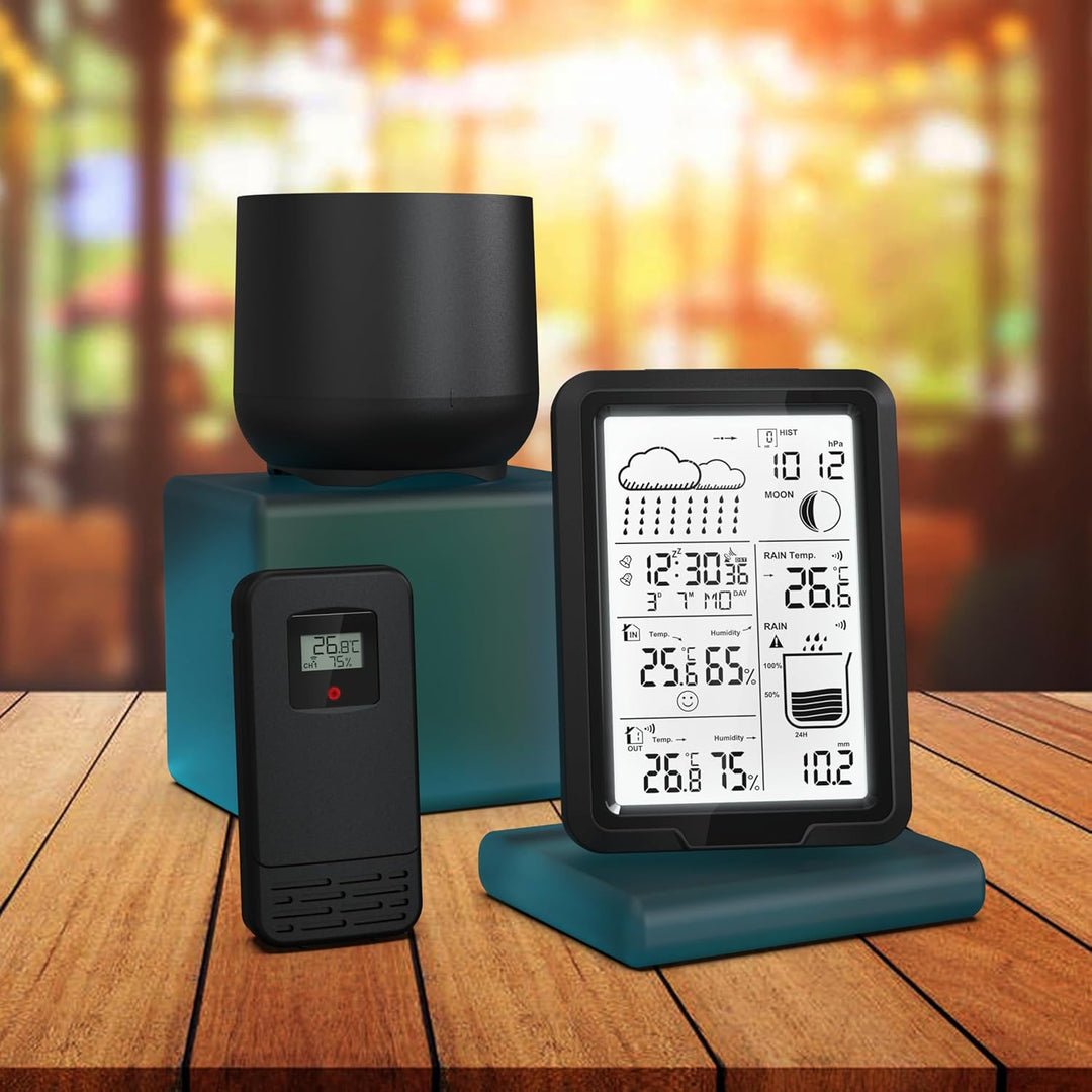 SOUCCESS Funk-Wetterstation mit Aussensensor und Regenmesser - batteriebetrieben, Funkzeit via DCF,