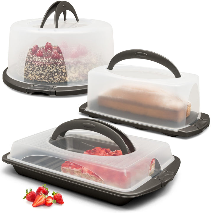 Hausfelder Kuchen Transportboxen Set (Vorteilspack - 1x rund, 1x rechteckig für Blechkuchen, 1x rech