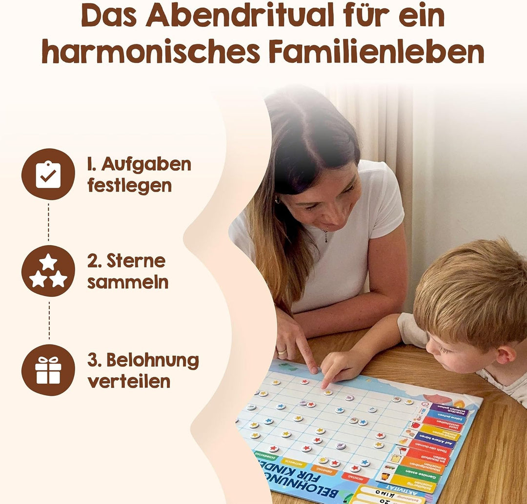 Belohnungstafel für Kinder - [100 Aufgaben + 350 Magnete] - Belohnungssystem für Verantwortung - Fam