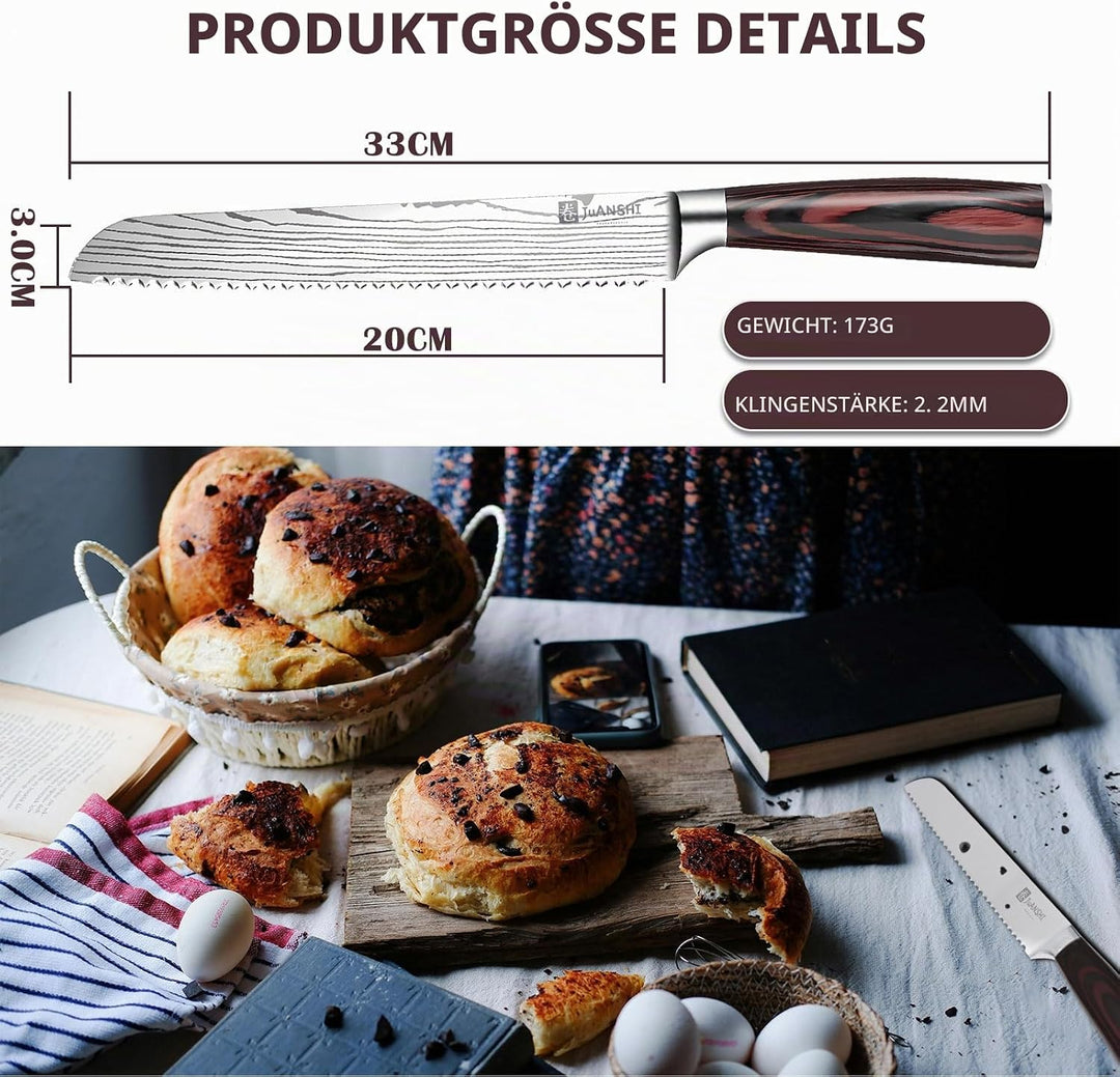 JUANSHI® Brotmesser mit Wellenschliff 20 cm, Asiatisches Küchenmesser aus Carbon-Edelstahl, Extrem S