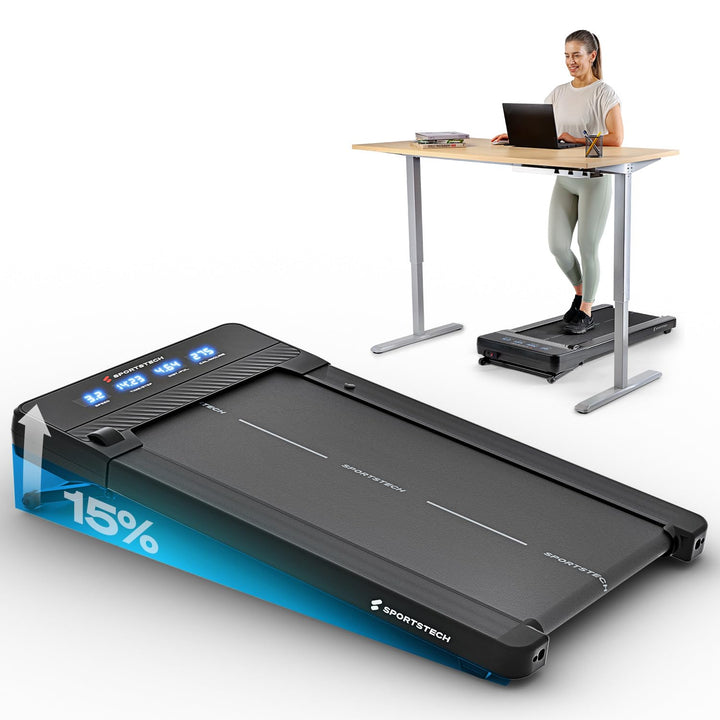 Sportstech Walking Pad, automatische Steigung bis 19%, Laufband für Zuhause und Schreibtisch, LED-Di