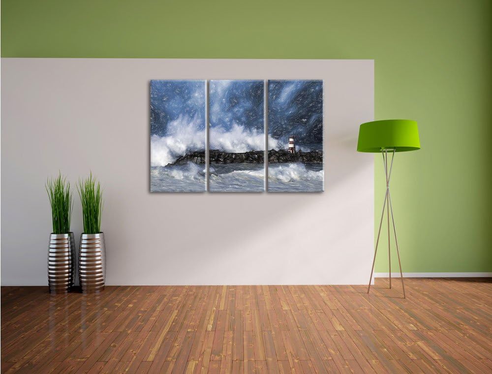 Pixxprint Tobendes Meer mit Leuchtturm als Leinwandbild/Grösse: 3 Teilig (120x80) cm/Wandbild/Kunstd