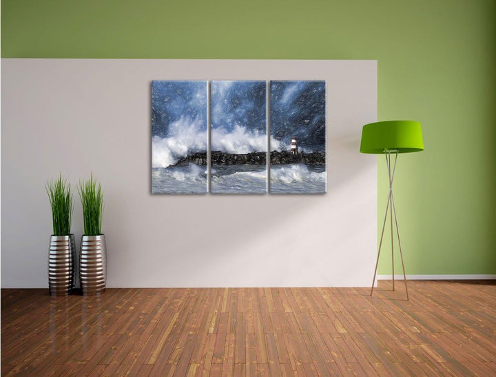Pixxprint Tobendes Meer mit Leuchtturm als Leinwandbild/Grösse: 3 Teilig (120x80) cm/Wandbild/Kunstd