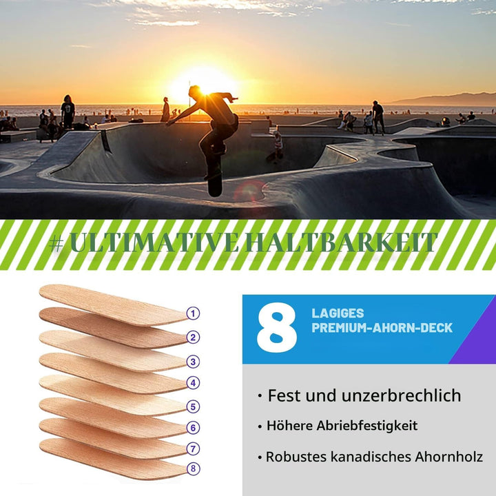 Skateboard, 31 x 8 Zoll komplettes Skateboard,8-lagiges Ahornholz, ABEC-11 Kugellager und 95A Rollen