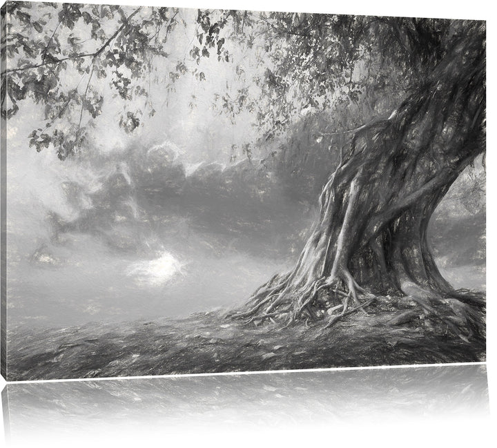 Pixxprint Verwurzelter starker Baum im Sonnenuntergang Kunst Kohle Effekt, Format: 100x70 auf Leinwa