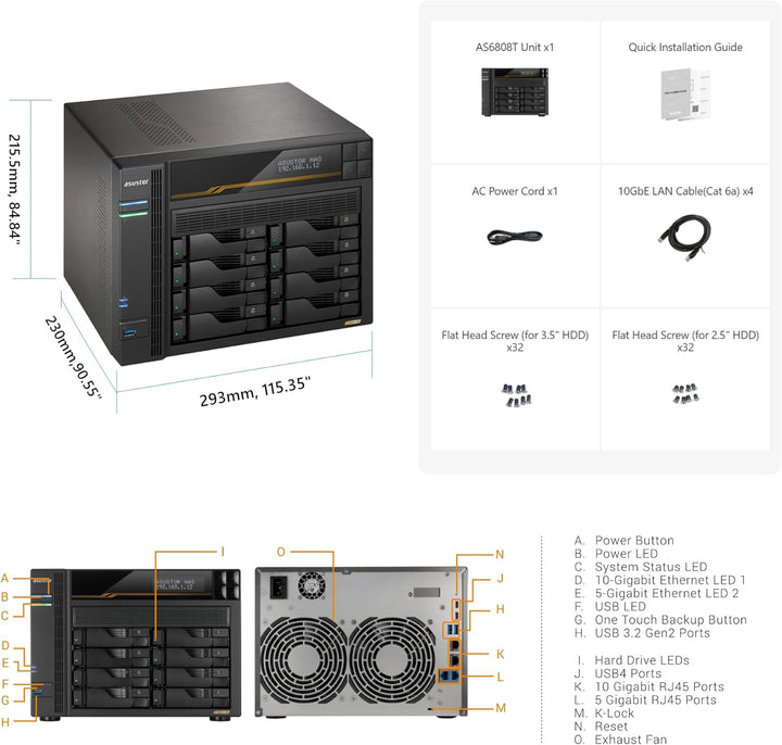 Asustor Lockerstor 8 Gen3 AS6808T 8 Bay NAS Netzwerkspeicher, AMD Ryzen Quad-Core 2.3 GHz, 16GB RAM