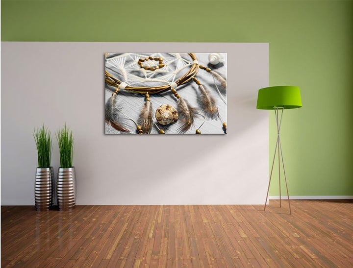 Pixxprint Traumfänger mit Federn als Leinwandbild/Grösse: 100x70 cm/Wandbild/Kunstdruck/fertig bespa