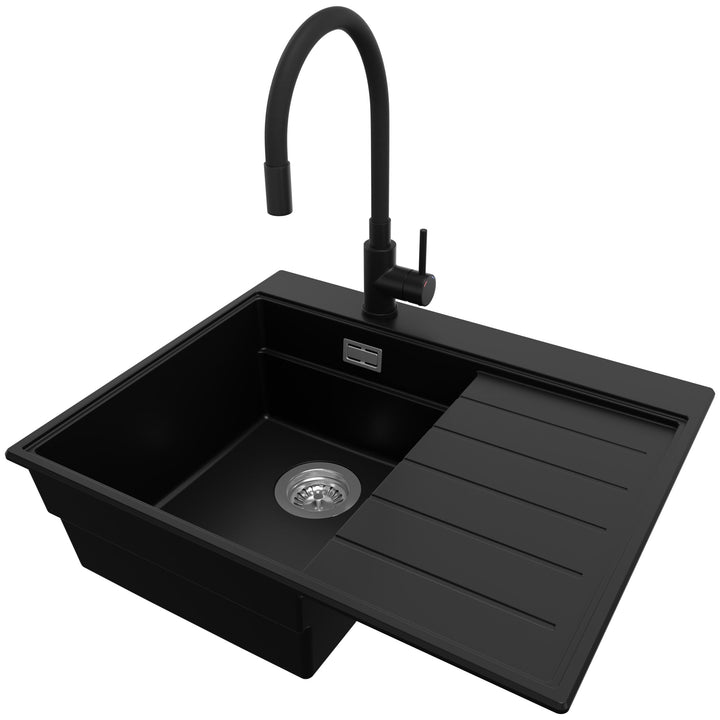 PRIMAGRAN Granitspüle Schwarz 62x50cm, Spülbecken 1 Becken + Küchenarmatur 40x38cm + Ablauf-Set, Küc