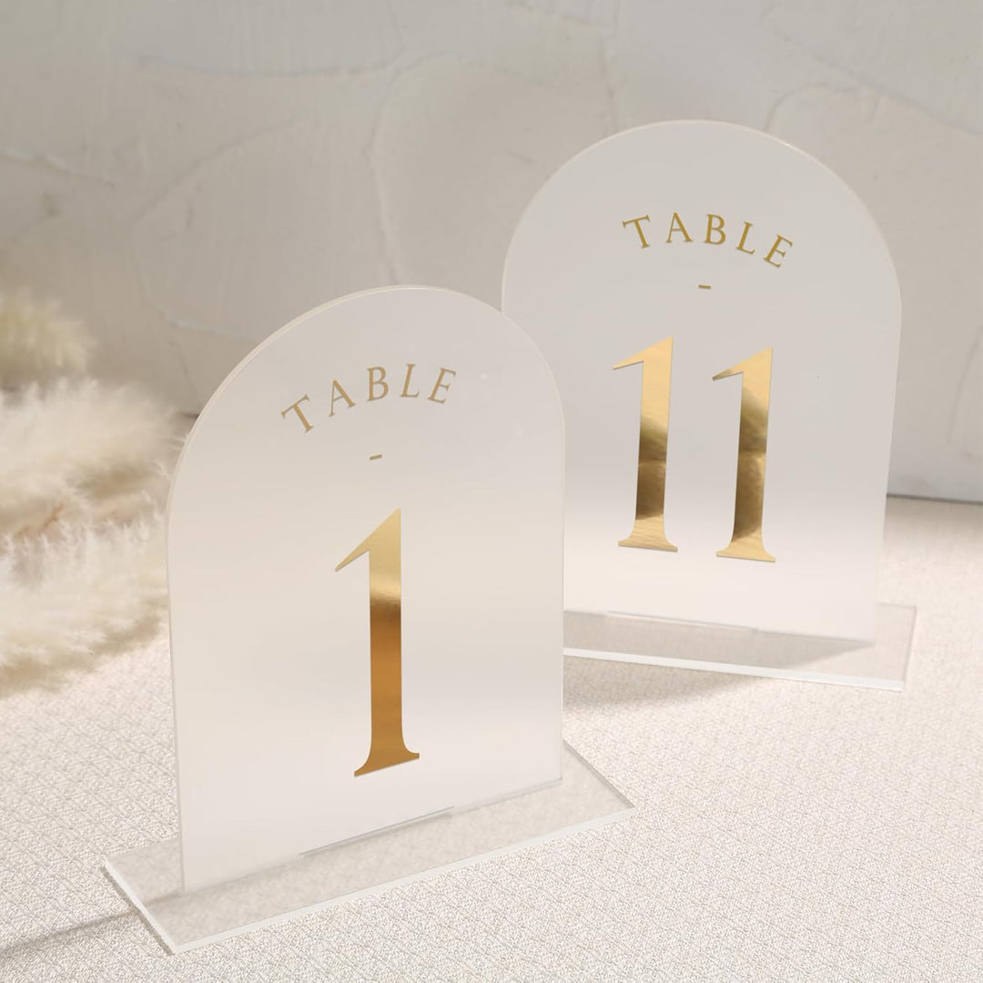 UNIQOOO Tischnummern mit Ständer 1–20, mattiert, mit Goldfolie bedruckt, 12,7 x 17,8 cm, Acrylschild