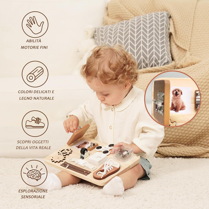 Potatomato Montessori Busy Board für Kinder - Sensorik & Feinmotorikspielzeug aus Holz - Montessori