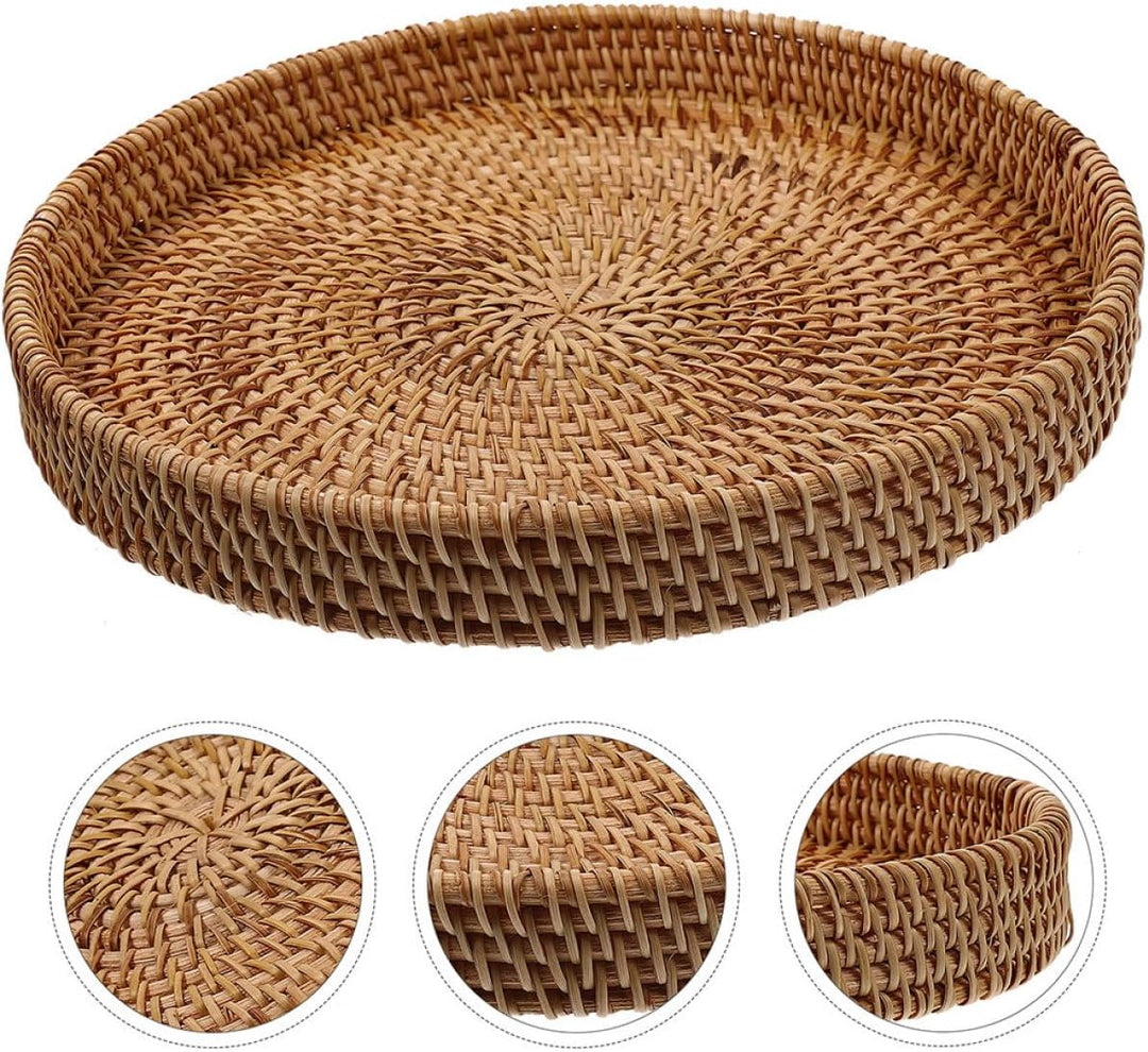 Rundes Handgeflochtenes Rattan Tablett 30cm aus Weide Flacher Aufbewahrungskorb für Küche Couchtisch