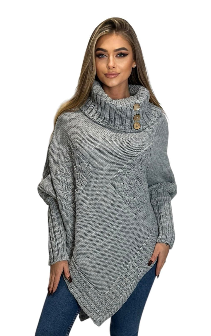 Mississhop Poncho Strick Sweatshirt Pullover Umhang Überwurf Einheitsgrösse Grau, Einheitsgrösse Gra