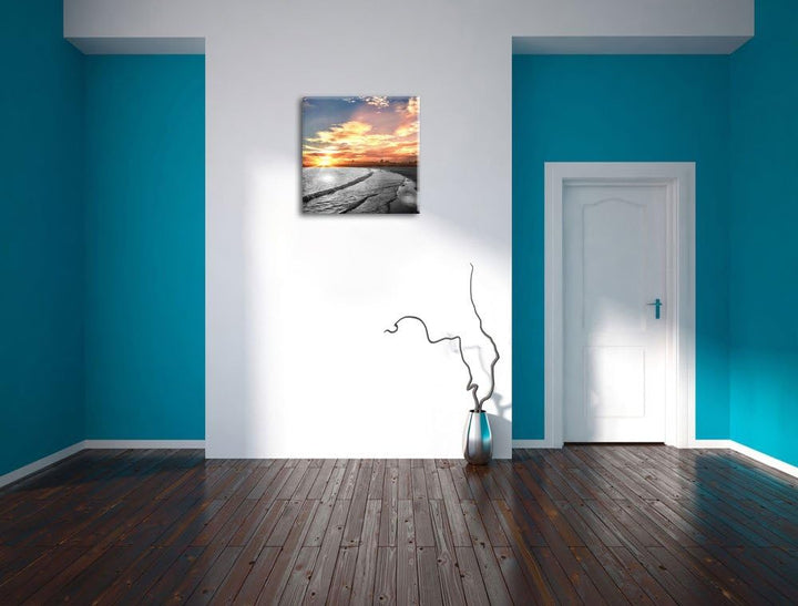 Pixxprint Strand bei romantischem Sonnenuntergang schwarz/weiss, Format: 70x70 auf Leinwand, 70x70
