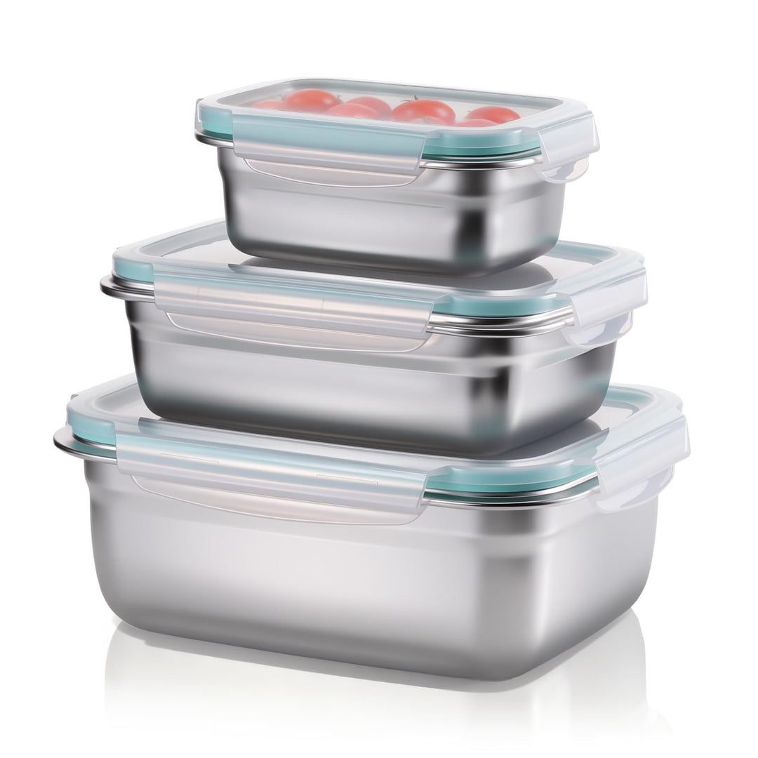 3er Set Brotdose Edelstahl mit Deckel Luftdicht – Auslaufsichere Lunchbox BPA-frei, Stapelbare Metal