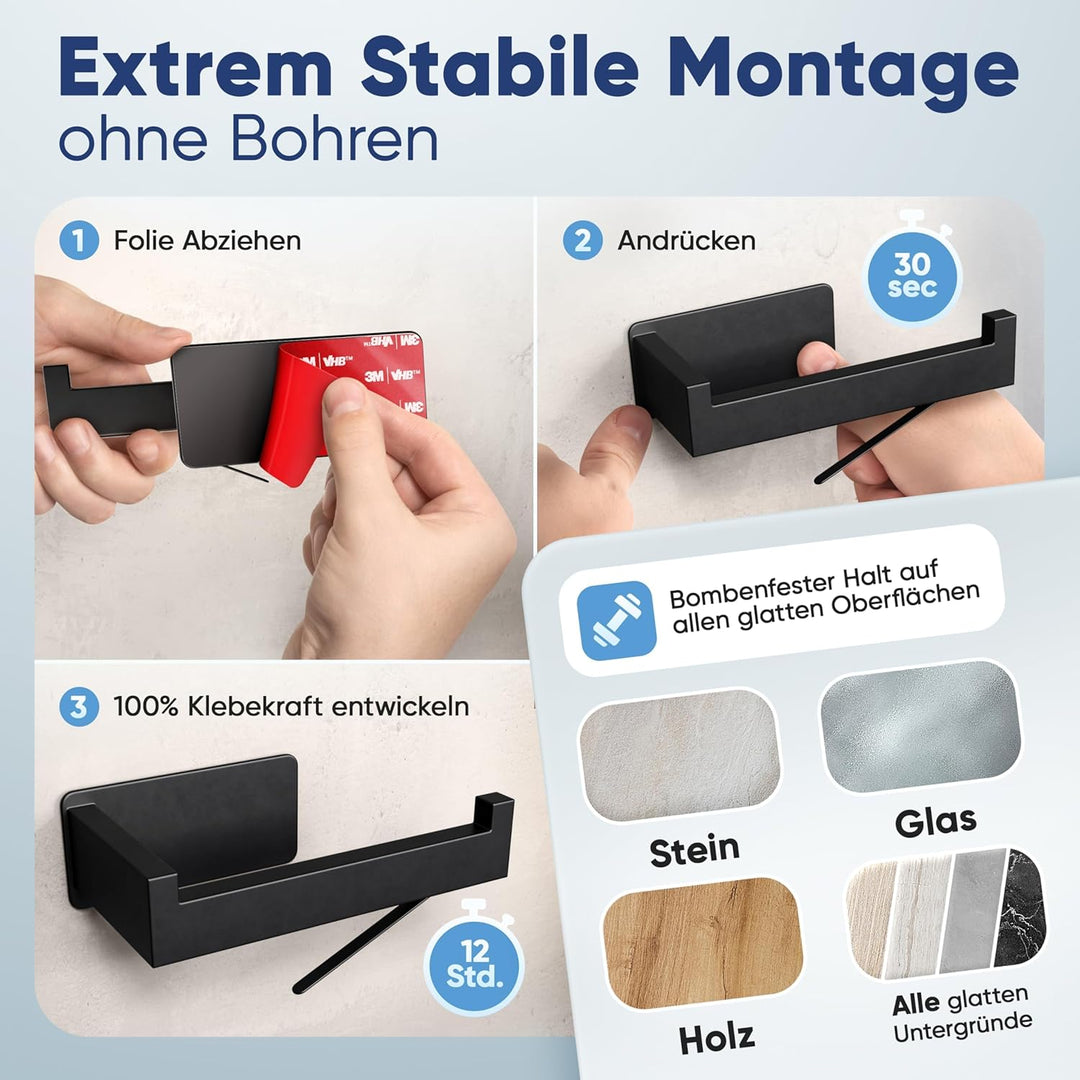 WOHNHELD® Toilettenpapierhalter ohne Bohren [Mit Abroll-Bremse] Edelstahl - Silber & Schwarz - Kloro