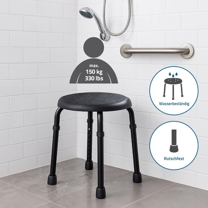 RIDDER – Bad-Hocker Go, Ø 50x34,9-52,5cm, schwarz, Aluminium/PE/TPR | Höhenverstellbarer Duschhocker