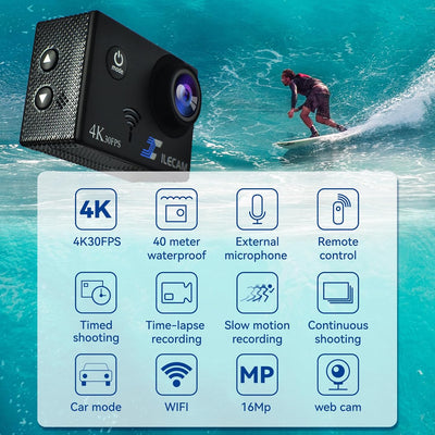 Xilecam Action Cam 4K WiFi/2,4G Fernbedienung 2 * 1350mAh Akku wasserdichte Kamera Unterwasser 131FT