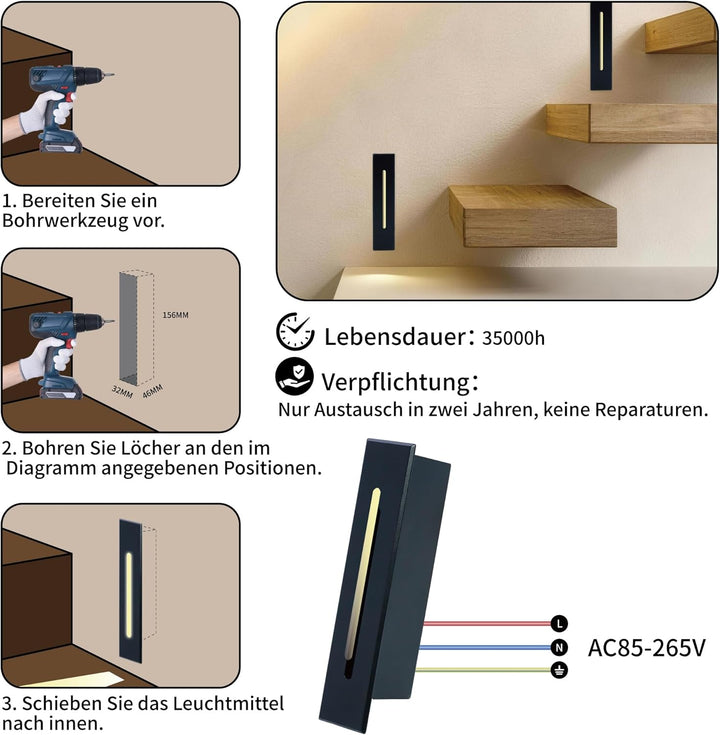 2Stk. LED Einbauleuchte für Treppenleuchte 3W, IP65 Wasserdichte Treppenbeleuchtung Treppen Licht St
