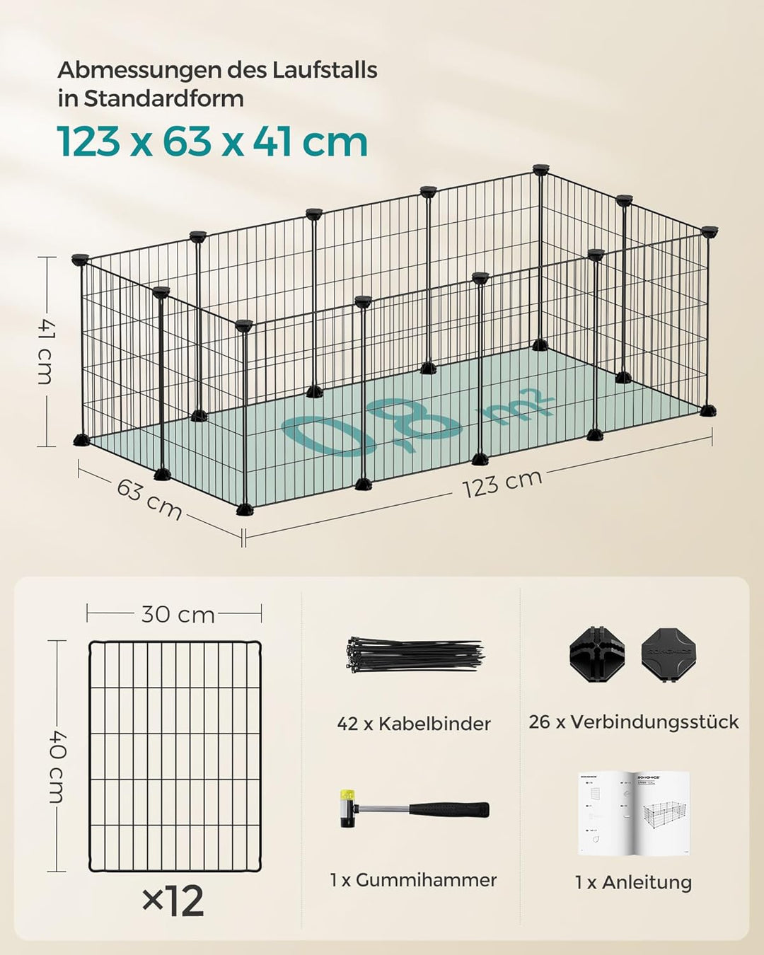 SONGMICS Freilauf, DIY-Kleintiergehege, Kleintierkäfig, Welpenauslauf, Kaninchen, Meerschweinchen, M