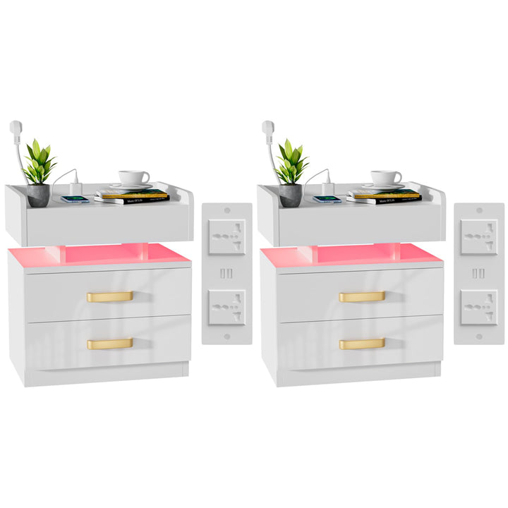 PIPIPOXER 2er Set Nachttisch mit LED, Nachtschrank mit Steckdosen und USB Anschlüsse mit 3 Schublade