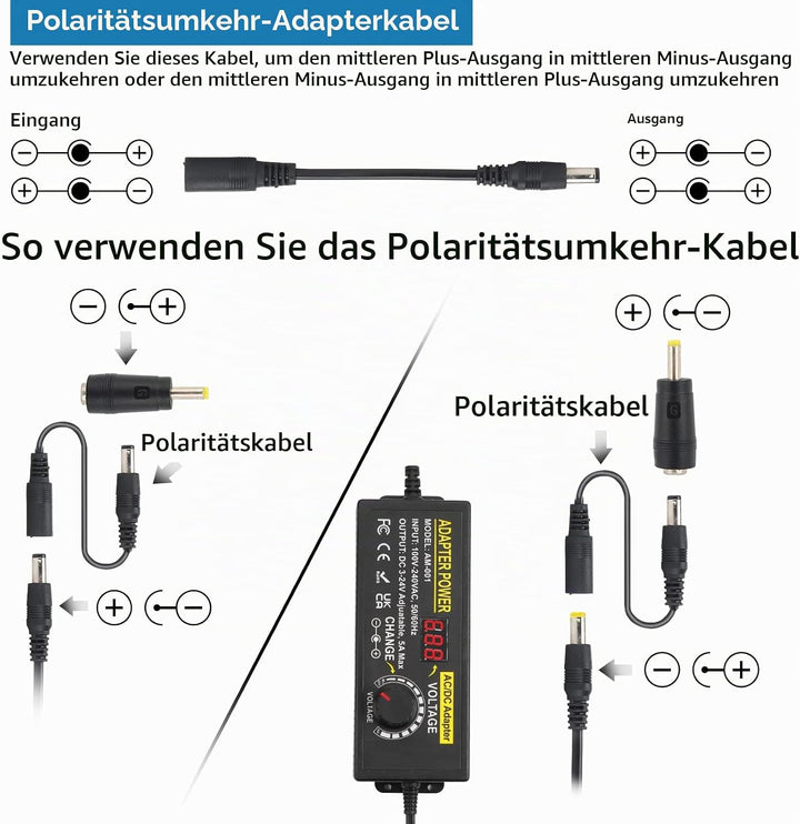Einstellbares Netzteil, 3V-24V 5A 120W Einstellbares Netzadapter, Universal AC/DC Netzteiladapter,10