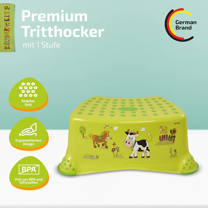 KiNDERWELT Premium Tritthocker für Kinder und Babys, Bauernhof Design in Grün, Tritthocker Stufe für