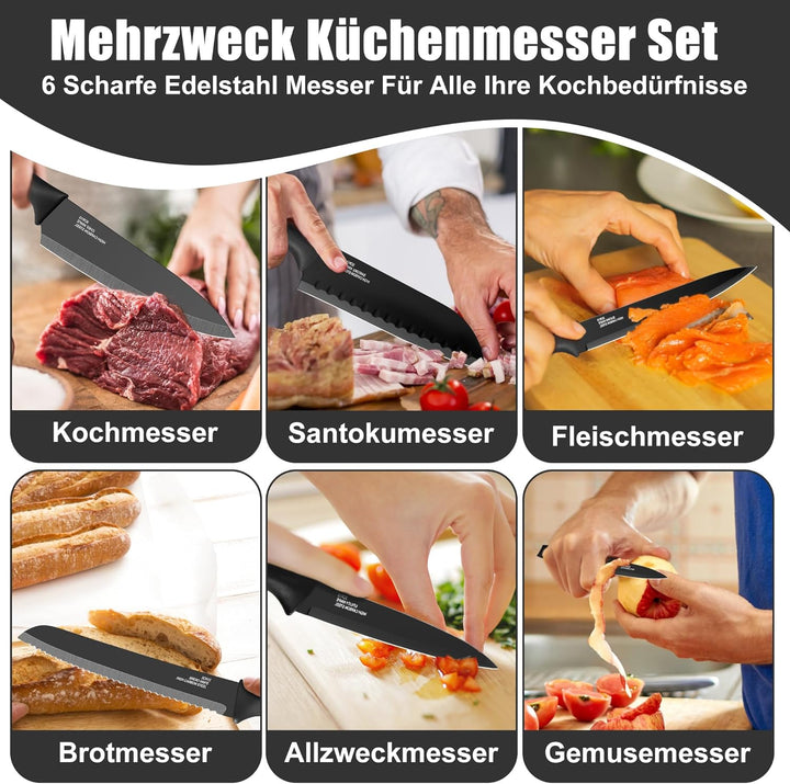 TEAMFAR Küchenmesser 6-teilig, Edelstahl Messerset mit Schutzhülle, Scharfe Messer Set mit Kochmesse