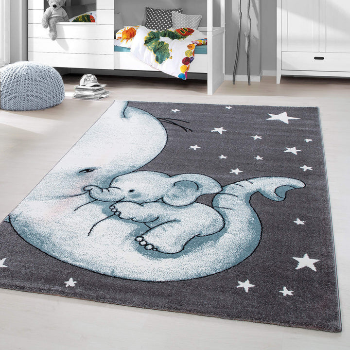 HomebyHome Kinderteppich Blau 120 cm Rund Elefantenmuster für Jungen Kinderzimmer Kurzflor Extra Wei