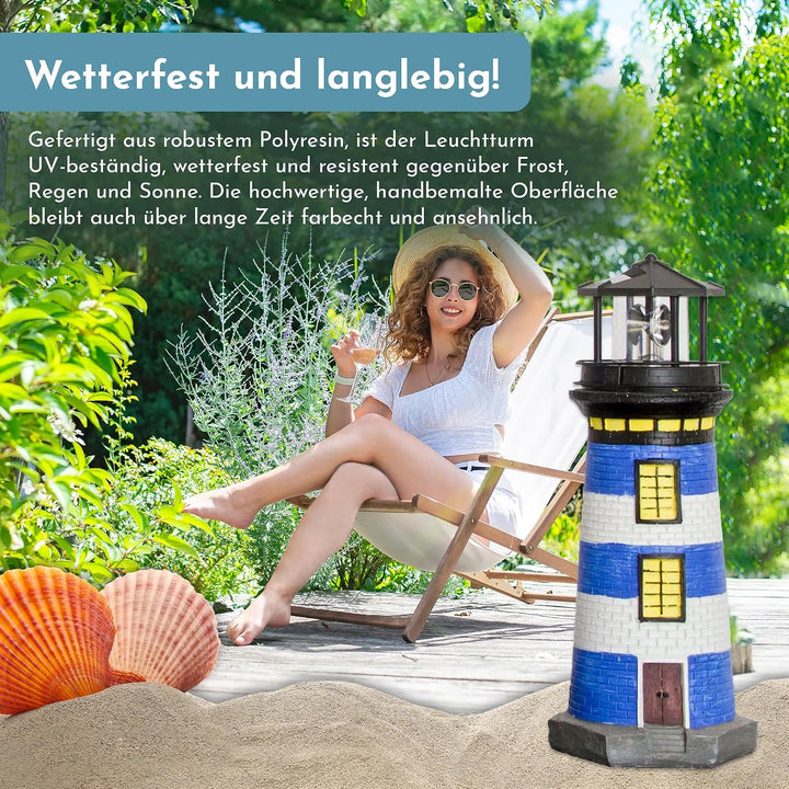 NATIV LED Solar-Leuchtturm mit rotierender Leuchte, handgefertiger Dekoturm für den Aussenbereich, 3