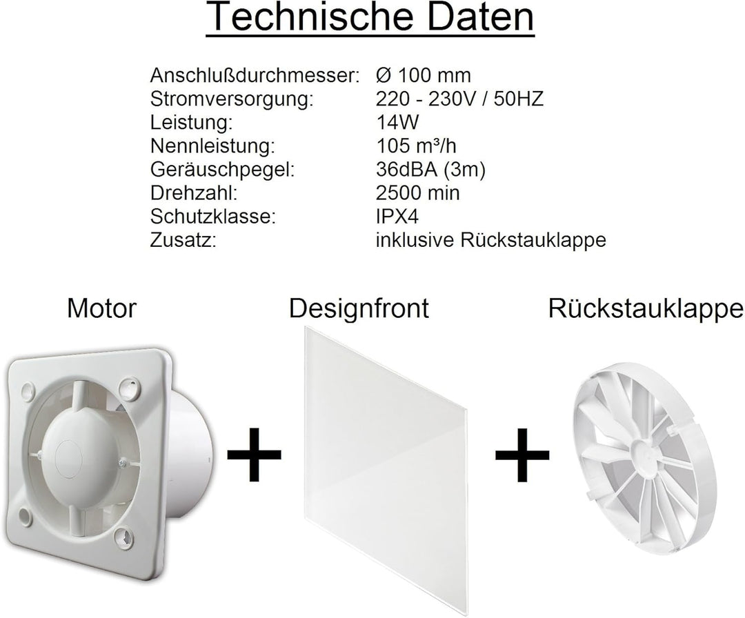 Ø 100 mm Design Badventilator Glasfront mit Timer/Nachlauf und Rückstauklappe WEG100T Lüfter Ventila