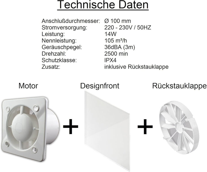 Ø 100 mm Design Badventilator Glasfront mit Timer/Nachlauf und Rückstauklappe WEG100T Lüfter Ventila