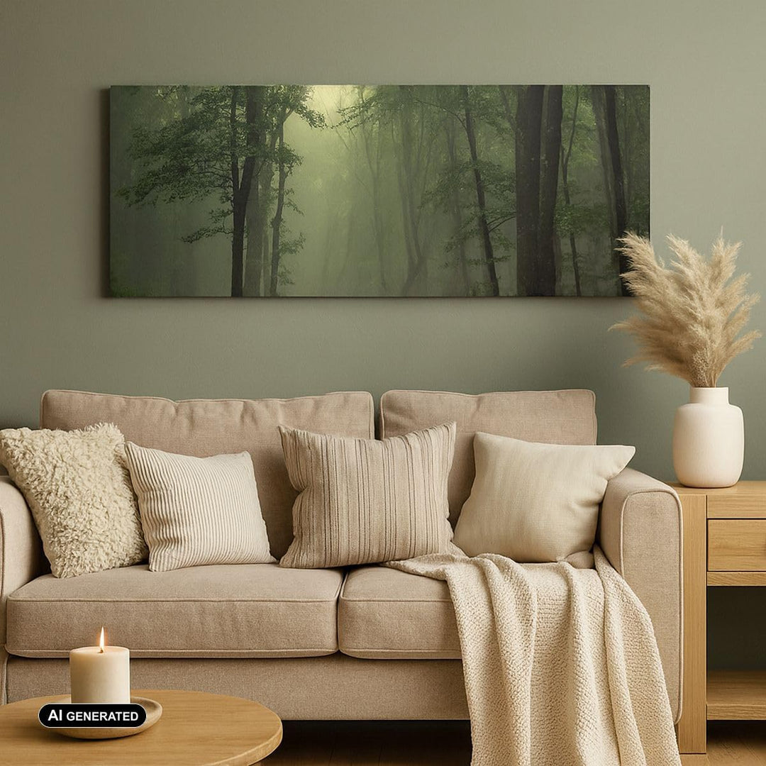 Panorama Bilder auf Leinwand 100x40cm Leinwandbild mit Rahmen Wald Nebel Baum Gross Wanddeko Bild Sc