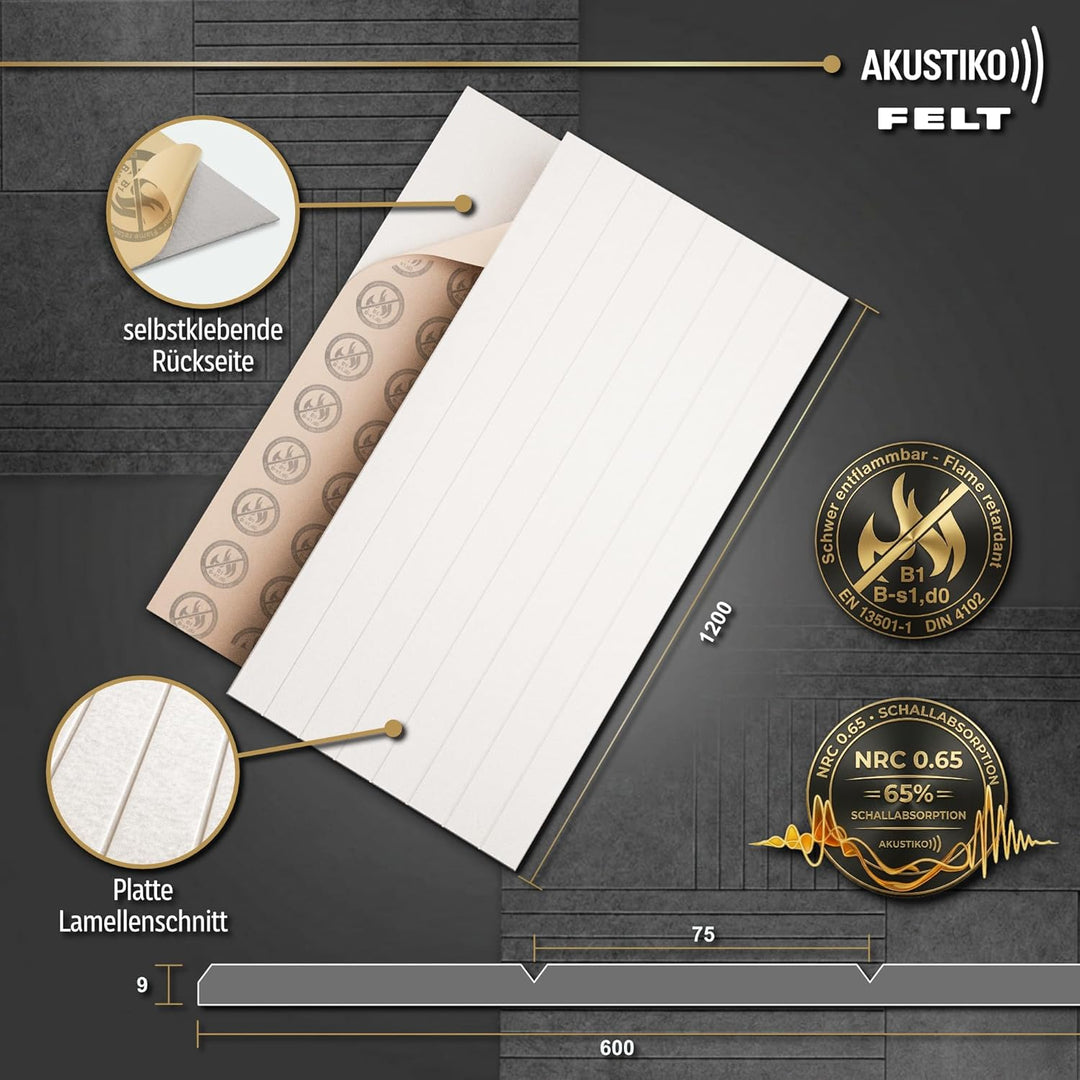 AKUSTIKO Akustikpaneele selbstklebend 4er Set 120x60cm - Schallschutzplatten mit Brandschutz Schalld
