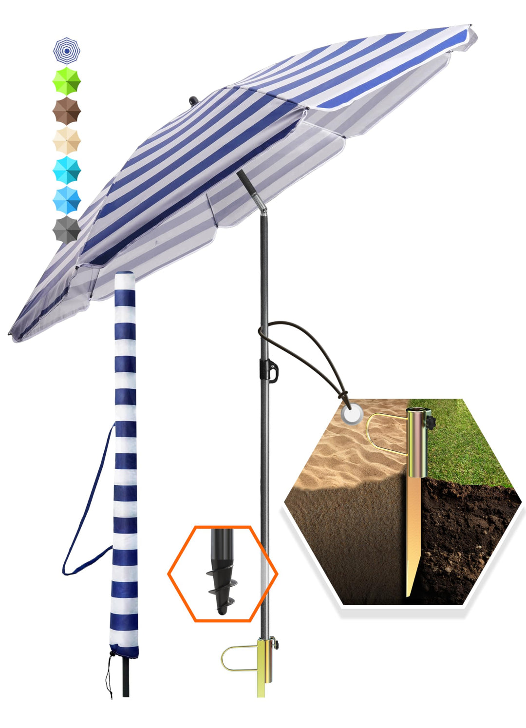 4smile Sonnenschirm Strand mit Rasendorn 3-IN-1 SET, Ø 180 cm, Blau-Weiss | Strandschirm windfest st