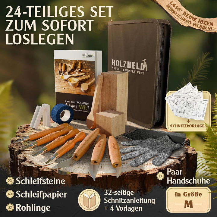 HOLZHELD hochwertiges Schnitzwerkzeug (24 teil.) inkl. 32 S. Anleitung 4 Vorlagen u dt. Schnitzholz